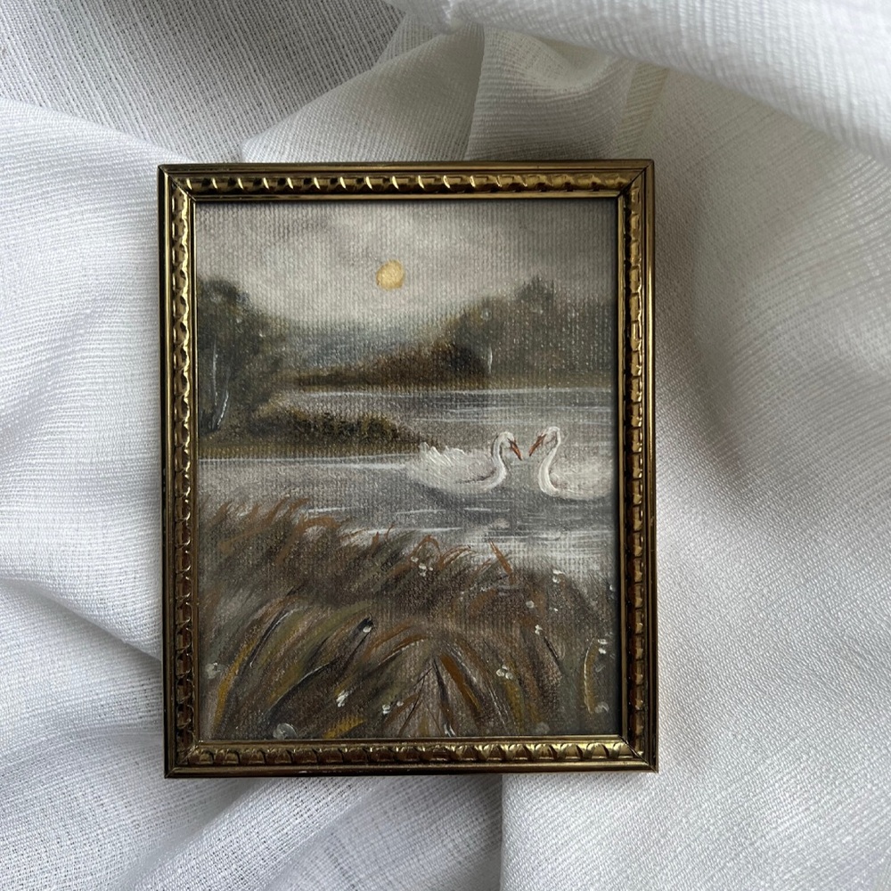 “Still Together” Framed Miniature Swan Lake Painting in Muted Neutrals